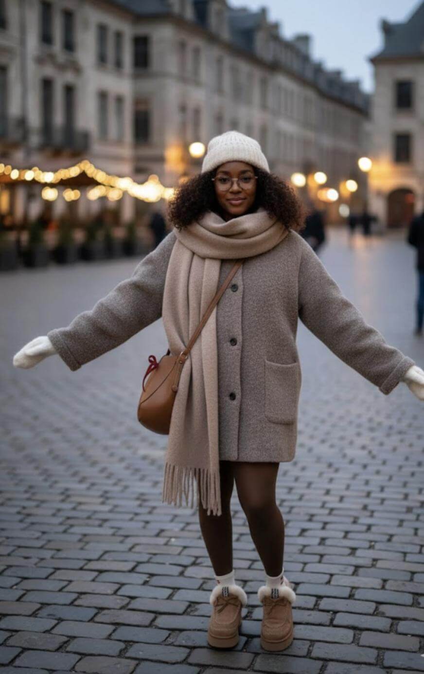 A woman wearing a beige coat, scarf, hat, and gloves stands smiling with arms outstretched on a cobblestone street decorated with string lights on a chilly day.