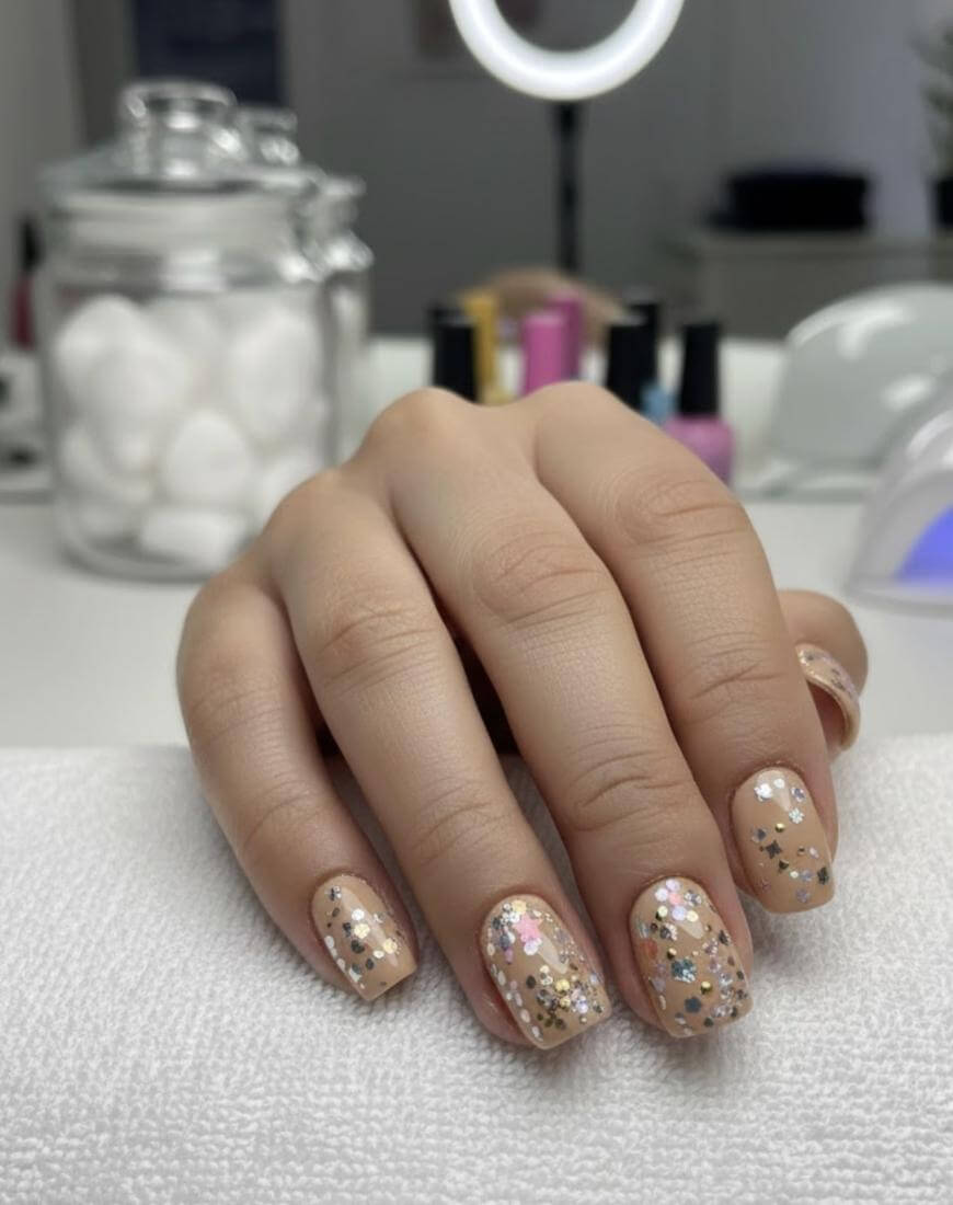 A hand with short, nude-colored nails featuring gold, silver, and pink glitter sits on a white towel in a nail salon. Nail polish bottles and a jar of cotton balls are visible in the blurred background.