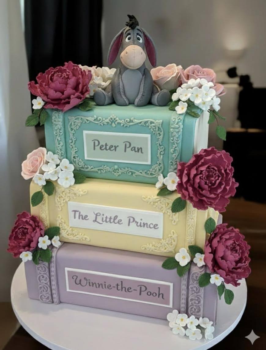 A cake decorated as three stacked books—Peter Pan, The Little Prince, and Winnie-the-Pooh—adorned with pink flowers and white blossoms, topped with a figure of Eeyore sitting on the top book.