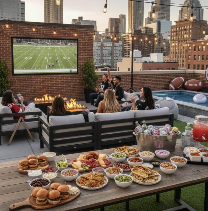 A group of people watch a football game on a rooftop patio with a large screen, surrounded by city buildings. A table is filled with burgers, chips, dips, salads, and drinks. String lights and a fire pit add ambiance.