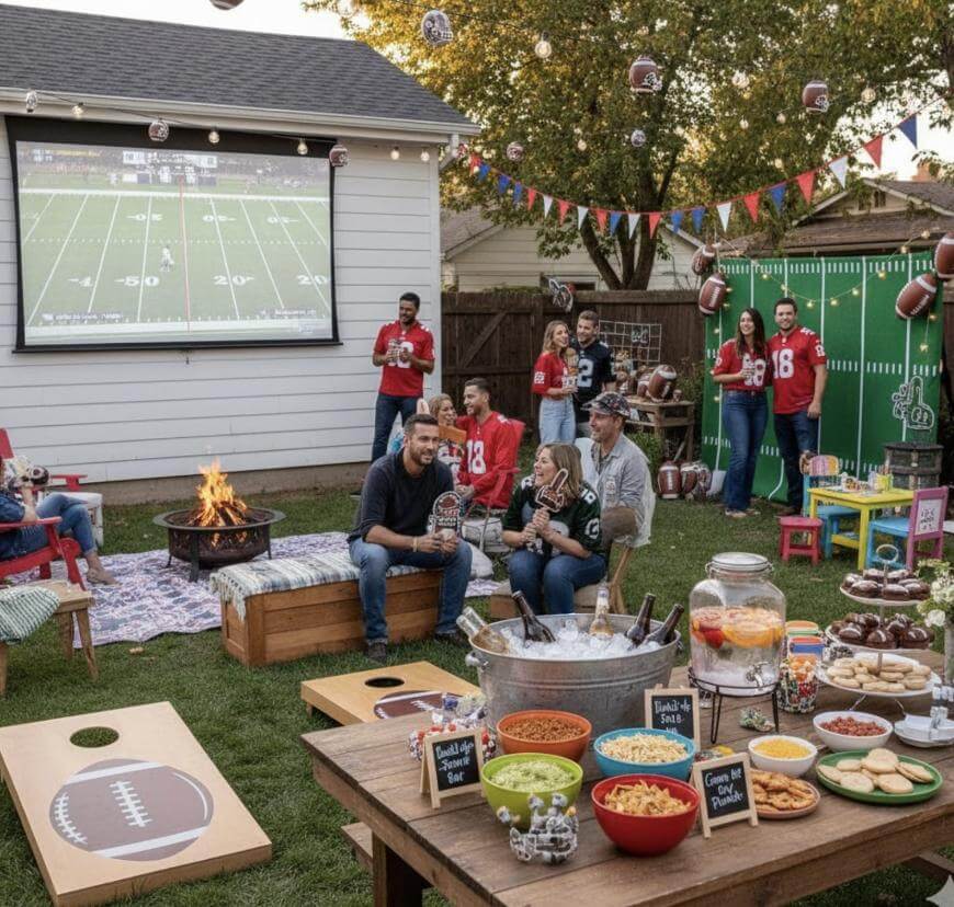 A backyard football-themed party with people in jerseys watching a game on an outdoor screen. Decorations include footballs and banners. Tables have snacks, drinks, and desserts, with a corn hole game and fire pit nearby.