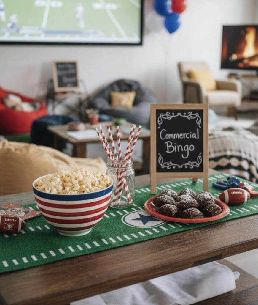A table with popcorn, chocolate cookies, and striped straws sits on a football-themed runner. A small chalkboard reads Commercial Bingo. A football game plays on TV in a cozy, decorated living room.