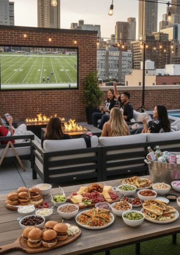 A group of people watch a football game on a rooftop patio with a large TV, fire pit, and city skyline. The foreground shows a table filled with burgers, chips, dips, and assorted snacks.