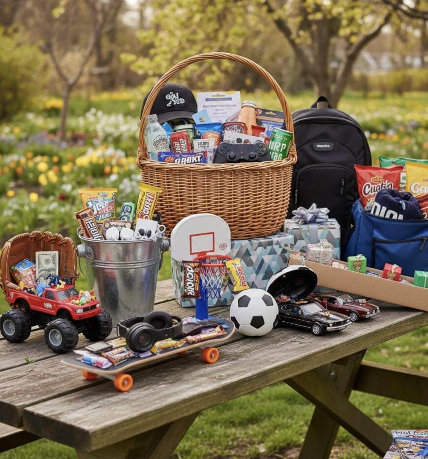 A picnic table outdoors holds a basket and various gift items, including candy-filled toy cars, a basketball hoop, snacks, a soccer ball, headphones, a backpack, and other gifts, set against a park and garden backdrop.