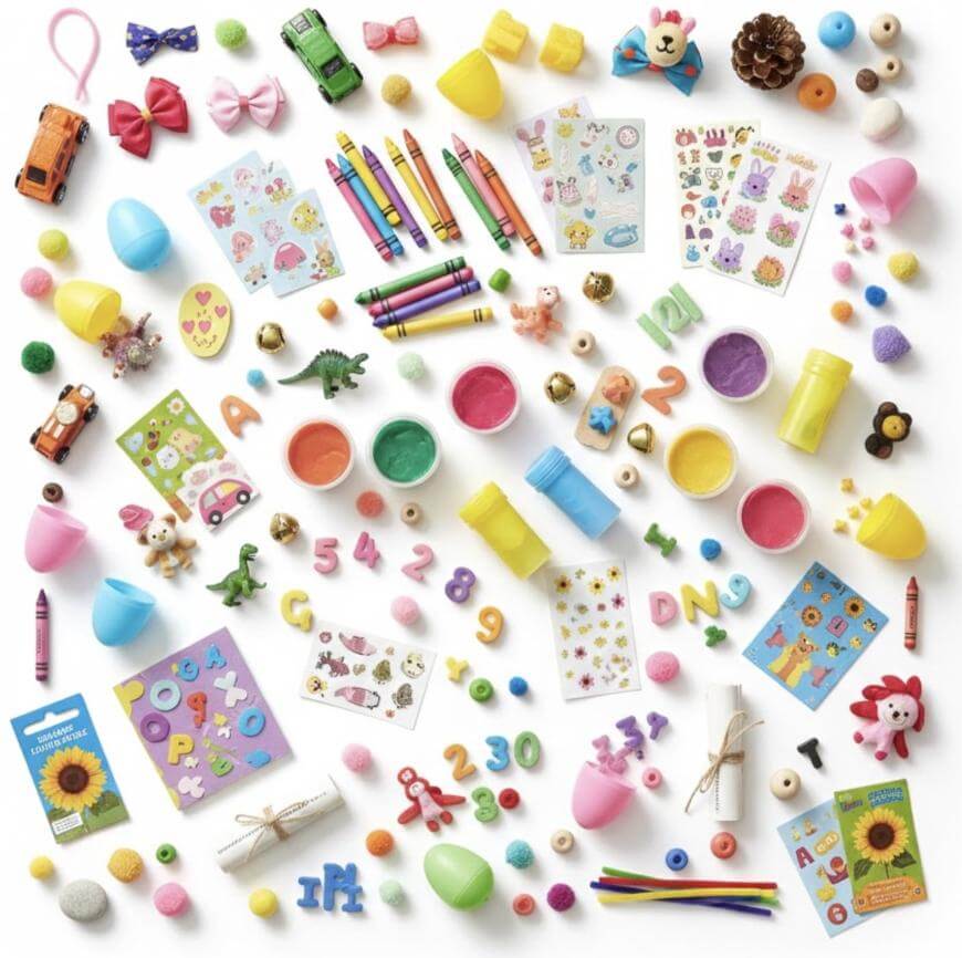 Colorful assortment of small toys, crayons, stickers, play dough, plastic eggs, pom poms, numbers, letters, and craft supplies spread out on a white background.