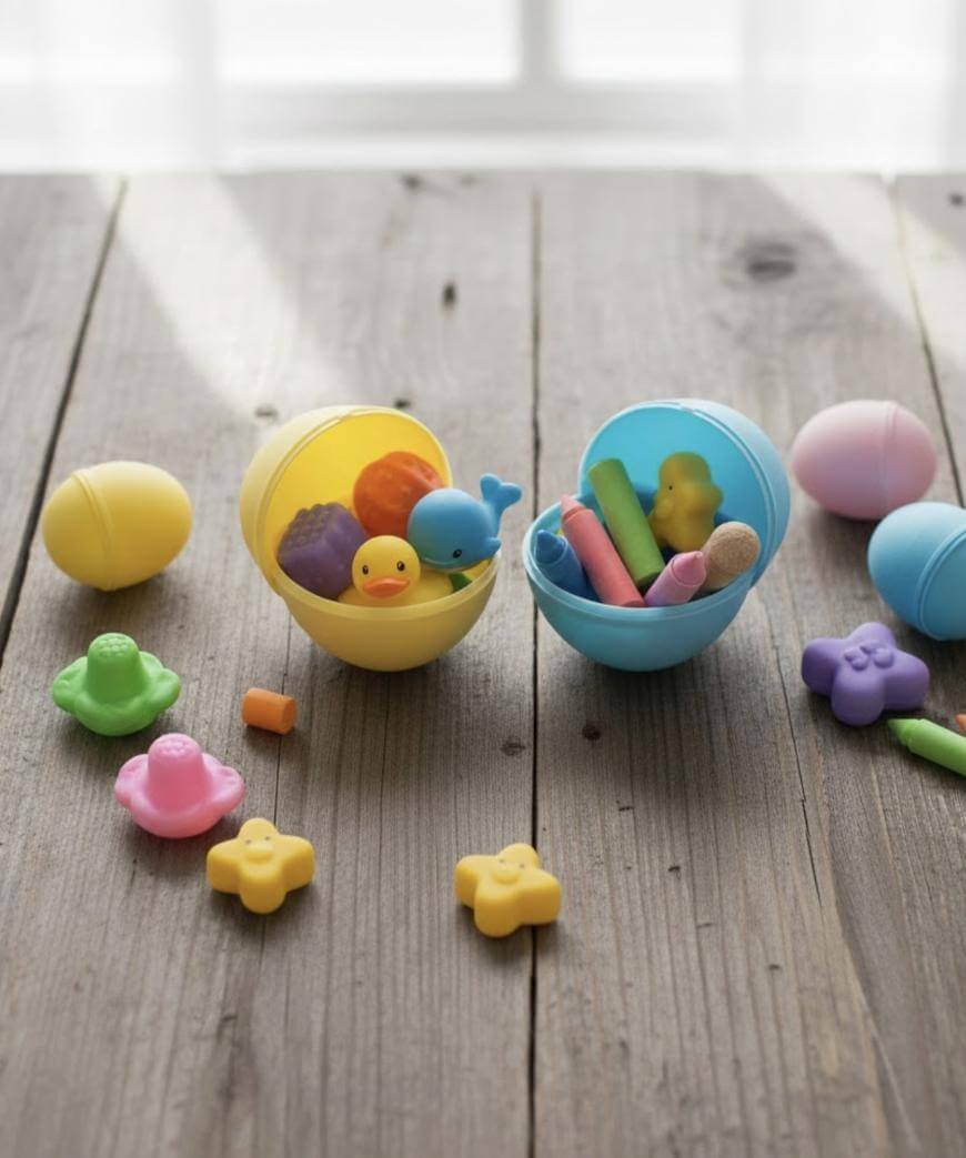 Two plastic Easter eggs, one yellow and one blue, sit open on a wooden surface, each filled with colorful chalk and shaped erasers. More closed eggs and erasers are scattered around. Sunlight streams in from the background.