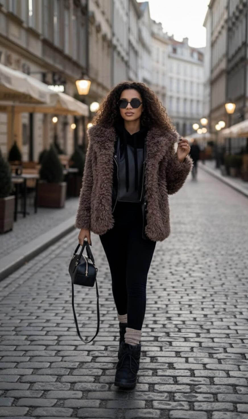 A woman with curly hair wearing a brown faux fur coat, black leggings, and sunglasses walks down a cobblestone street, holding a black handbag. Outdoor cafes and old buildings line the street in the background.