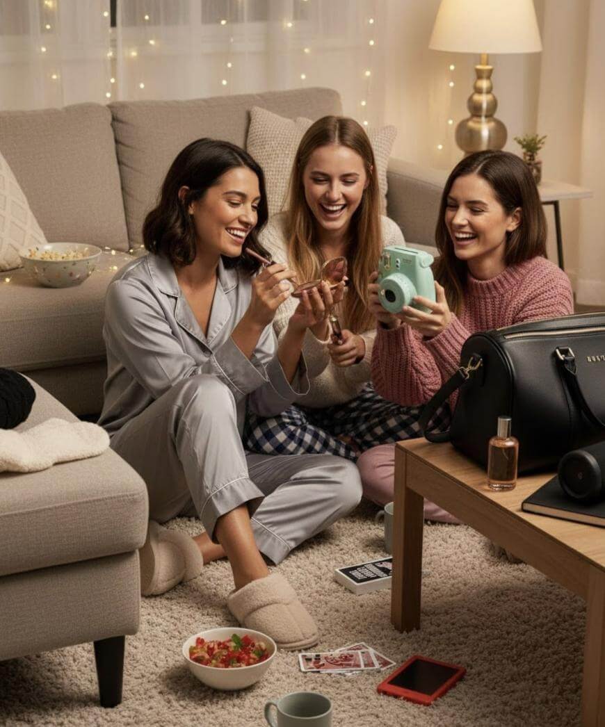 Three women sitting on the floor in cozy pajamas, laughing and looking at instant photos. Snacks, a camera, and a bag are on the table. Warm lights and soft decor create a relaxed, friendly atmosphere in the living room.