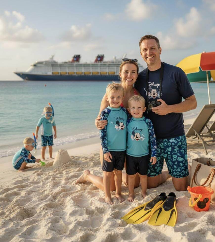 A smiling family of five poses on a sandy beach, wearing matching Disney swimwear. Two boys play in the sand while the parents and another child stand together, with a large Disney cruise ship visible in the background.