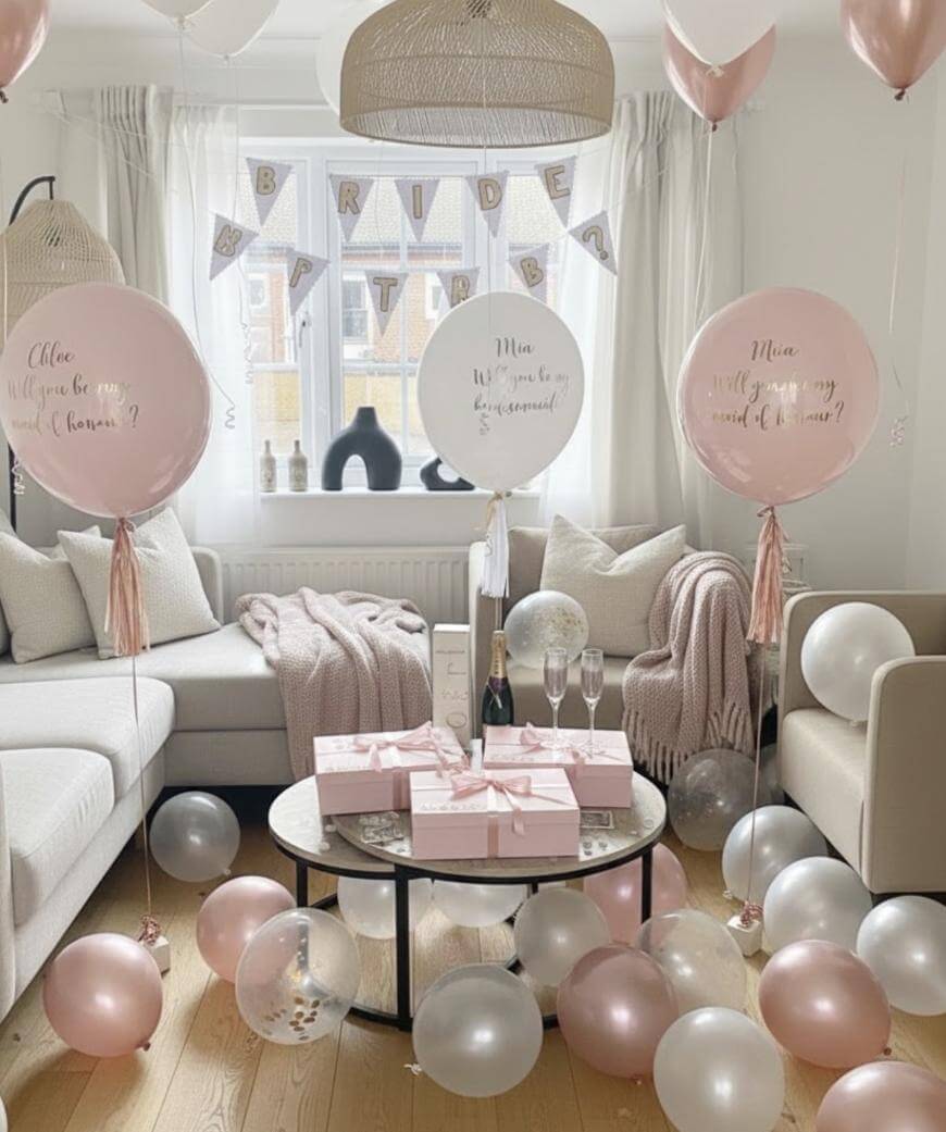 A cozy living room decorated for a bridal shower with pink and white balloons, gift boxes on a round table, champagne glasses, and a BRIDE TO BE banner hanging in the window.