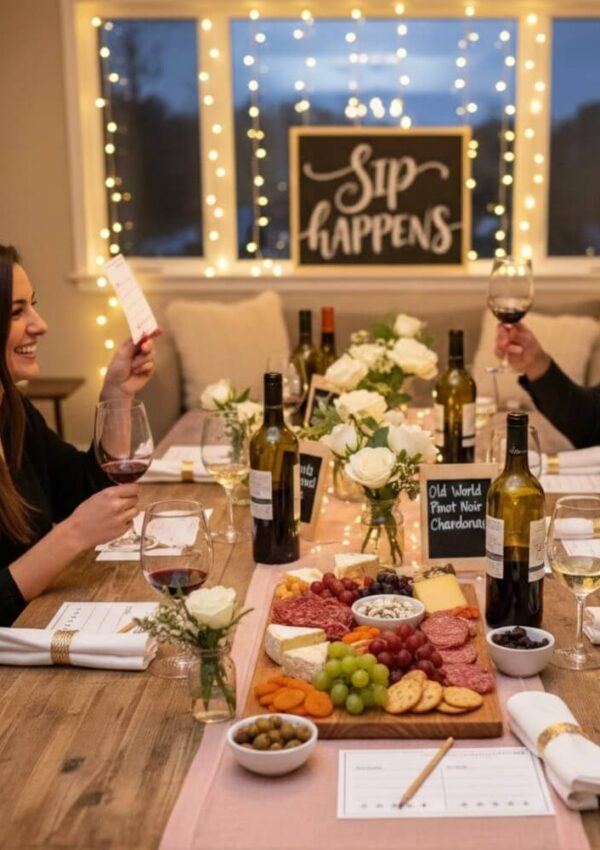 Two women sit at a decorated table with wine, charcuterie, flowers, and twinkle lights. They raise glasses and smile, with a sign in the background that reads Sip Happens.