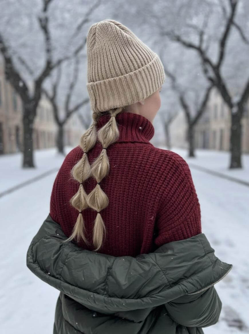 A person with long blonde hair in bubble braids, wearing a beige knit hat, a red turtleneck sweater, and a green jacket stands on a snowy, tree-lined street with bare branches.