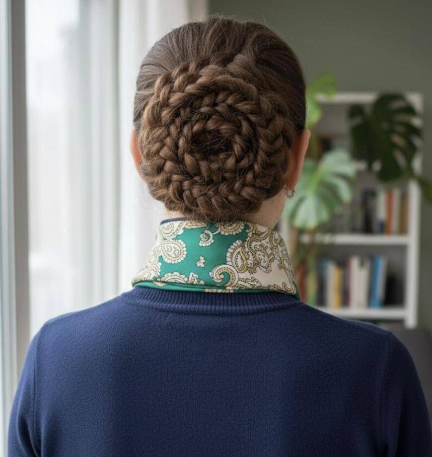 A woman with brown hair styled in an intricate braided bun stands facing away. She wears a navy sweater and a green patterned scarf indoors, with a leafy plant and bookshelf in the background.