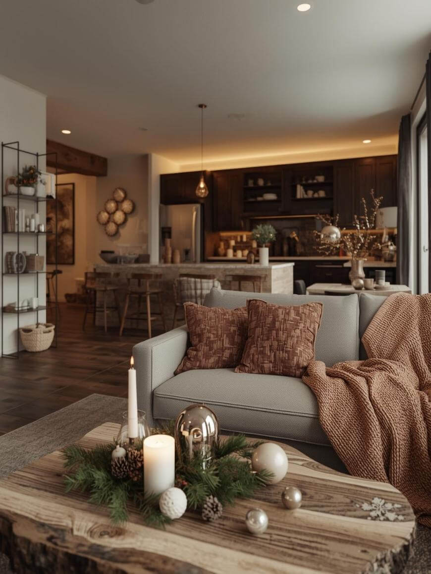 A cozy living room with a gray sofa, brown pillows, and a knit blanket. A rustic wooden coffee table holds candles, pinecones, greenery, and ornaments. In the background is a modern kitchen with dark cabinets and warm lighting.