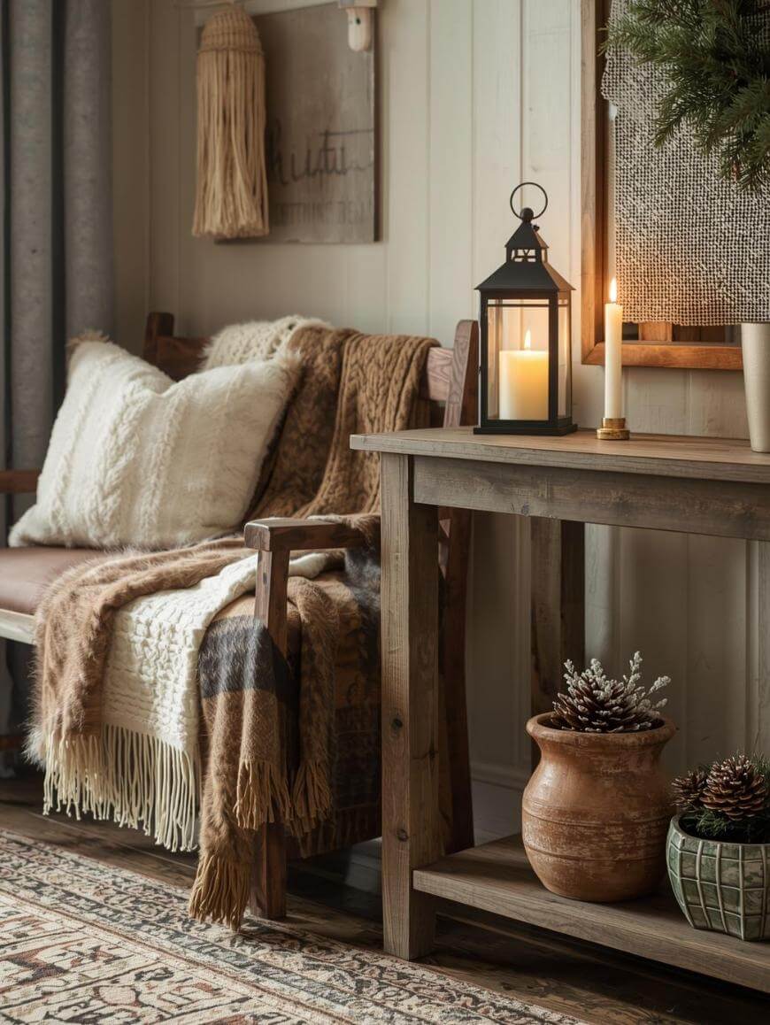 A cozy rustic living room corner with a wooden bench covered in knit and plaid blankets, a wooden table with candles and a lantern, and potted plants on a shelf, creating a warm, inviting atmosphere.