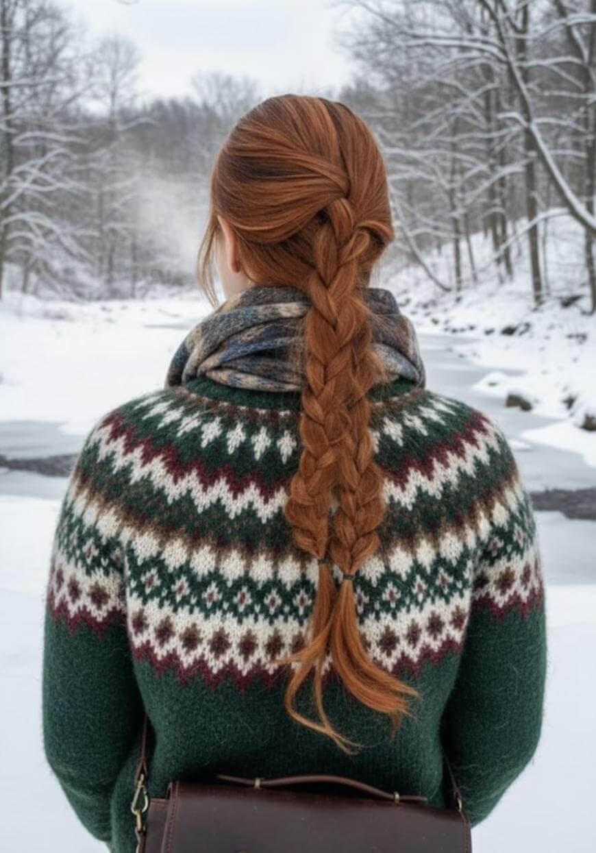 A woman with a long, braided ponytail stands outdoors in the snow, facing away. She wears a green patterned sweater and a scarf. Leafless trees and a frozen river are visible in the wintry landscape ahead of her.