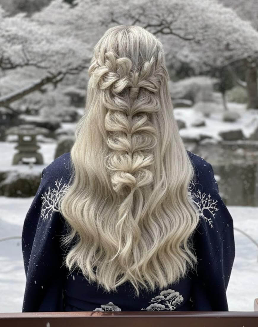 A person with long, wavy, platinum blonde hair styled in an intricate braid stands outdoors in a snowy garden, wearing a navy blue garment with white tree branch patterns.