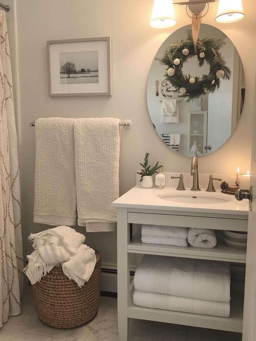 A cozy bathroom with white towels, a wicker basket with folded linens, a sink with a holiday wreath on the oval mirror, a small plant, lit candles, and a framed photo on the wall above towel racks.