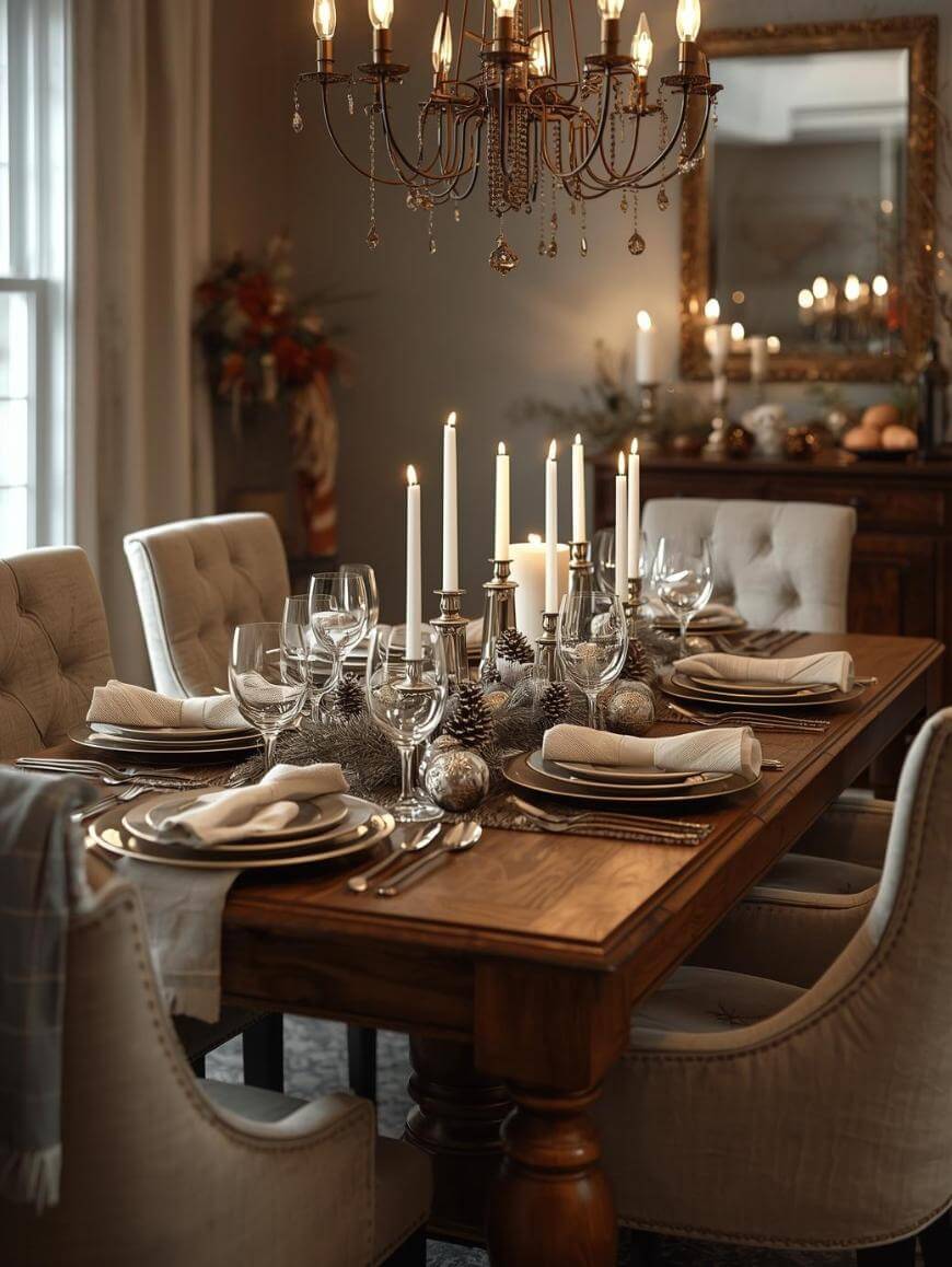 A warmly lit dining room with a wooden table set for six, featuring elegant plates, napkins, glassware, silverware, and candles. A chandelier hangs above, and festive decorations add a cozy, inviting atmosphere.