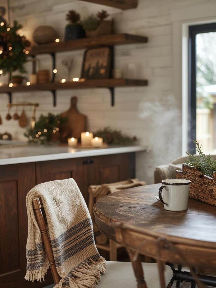 A cozy kitchen with rustic wooden shelves, lit candles, greenery, and a cup of steaming coffee on a wooden table. A striped blanket is draped over a chair, and natural light enters through a nearby window.