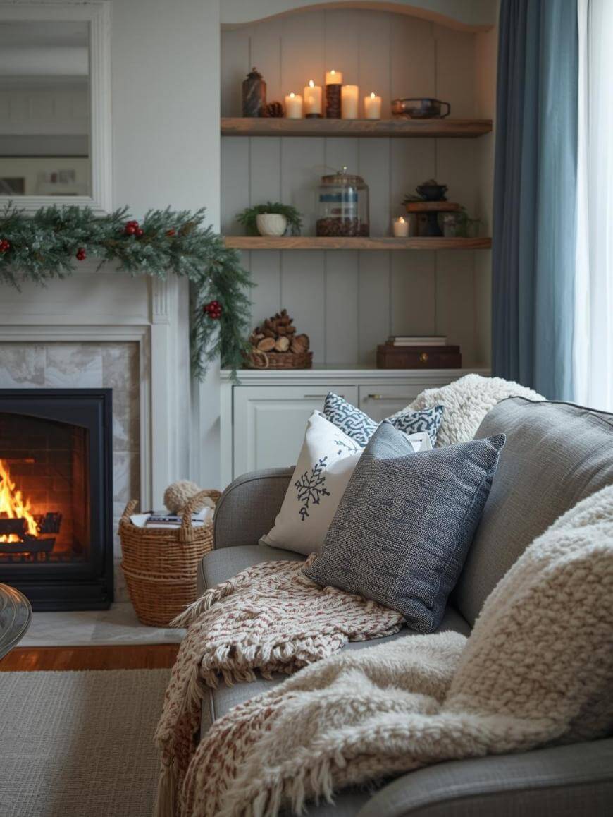 A cozy living room with a gray sofa, textured pillows and blankets, a lit fireplace, garland on the mantel, and shelves with candles, books, and holiday decor. Natural light comes through a window with blue curtains.