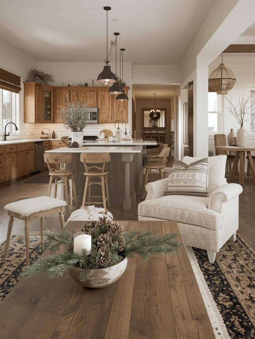 A cozy open-plan kitchen and living room with wooden cabinets, island seating, neutral-toned armchair, and a rustic coffee table decorated with candles and pinecones. Natural light fills the space, creating a warm atmosphere.