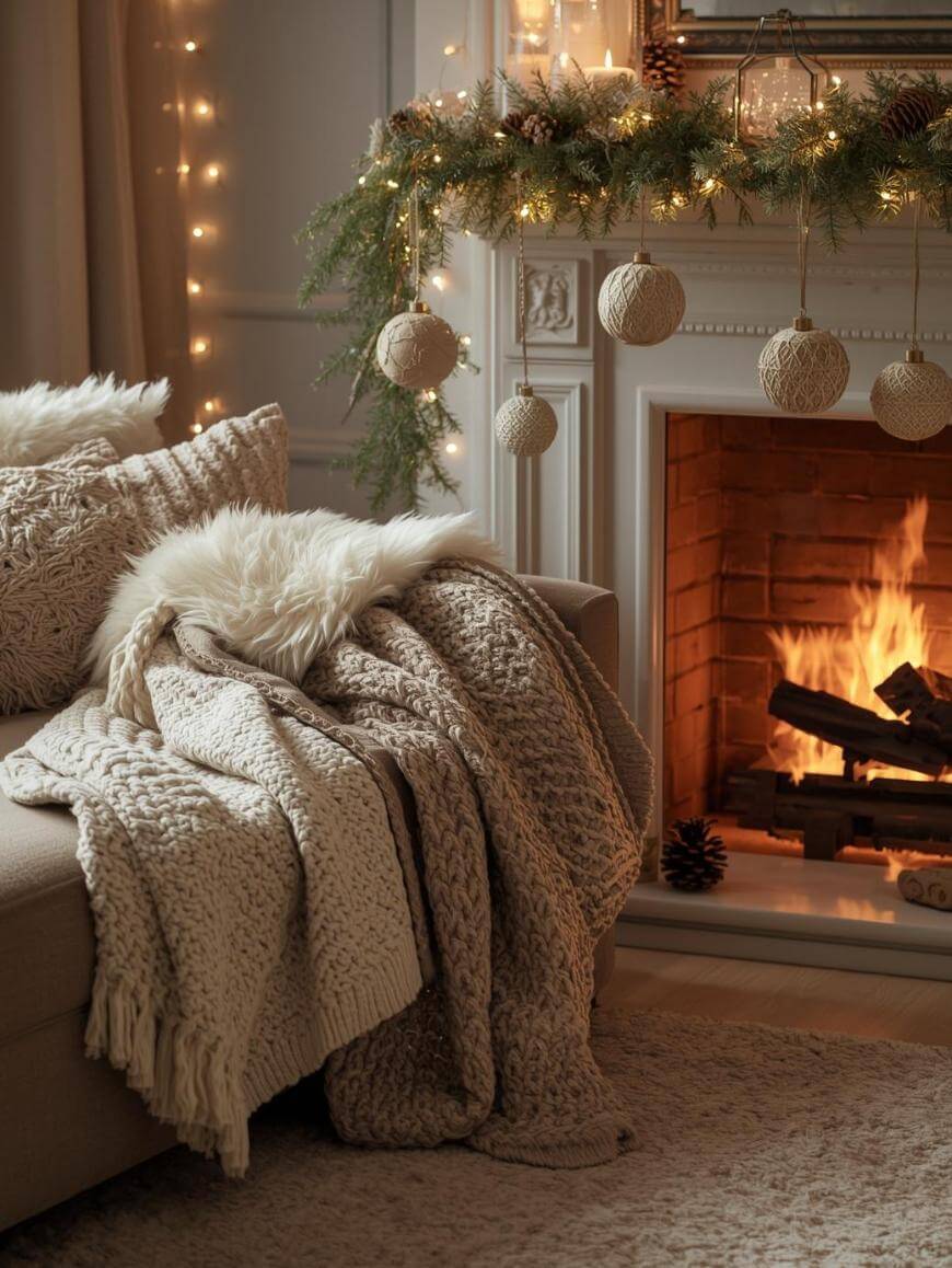 A cozy living room with a beige sofa draped in chunky knit blankets and fluffy pillows beside a lit fireplace. The mantel is decorated with garland, ornaments, and string lights, creating a warm, inviting atmosphere.