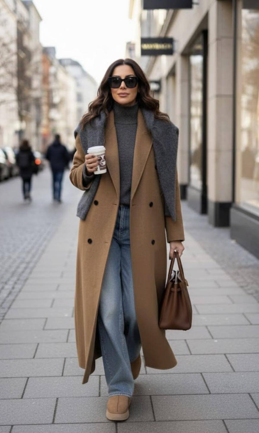 A woman wearing sunglasses, a long brown coat, grey sweater, and wide-leg jeans walks down a city street holding a coffee cup and a brown handbag, with a grey scarf draped over her shoulders.