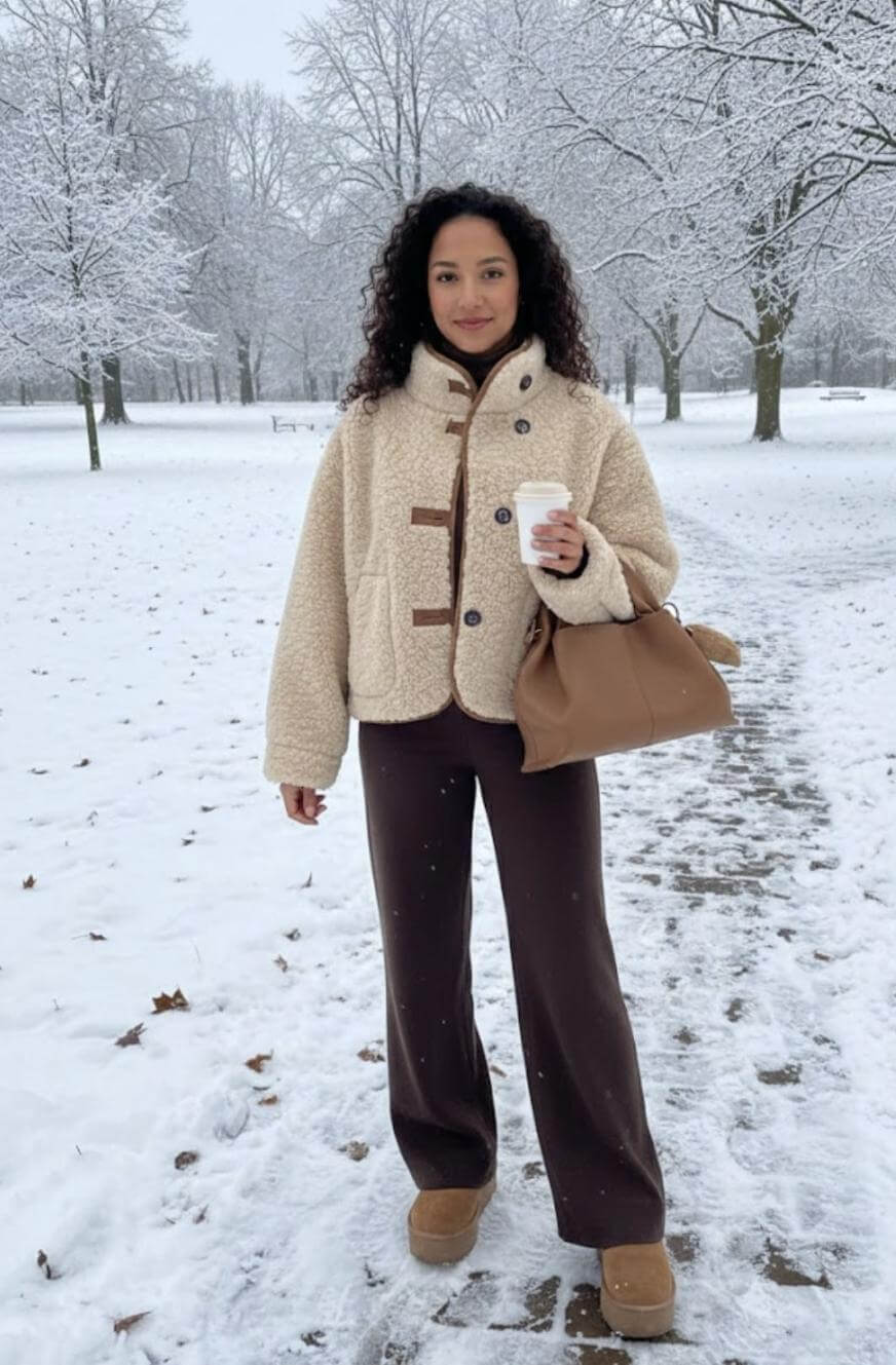A woman stands on a snowy path in a park, wearing a cream sherpa jacket, brown pants, and tan boots. She holds a coffee cup and a large brown bag. Snow-covered trees and ground are visible in the background.