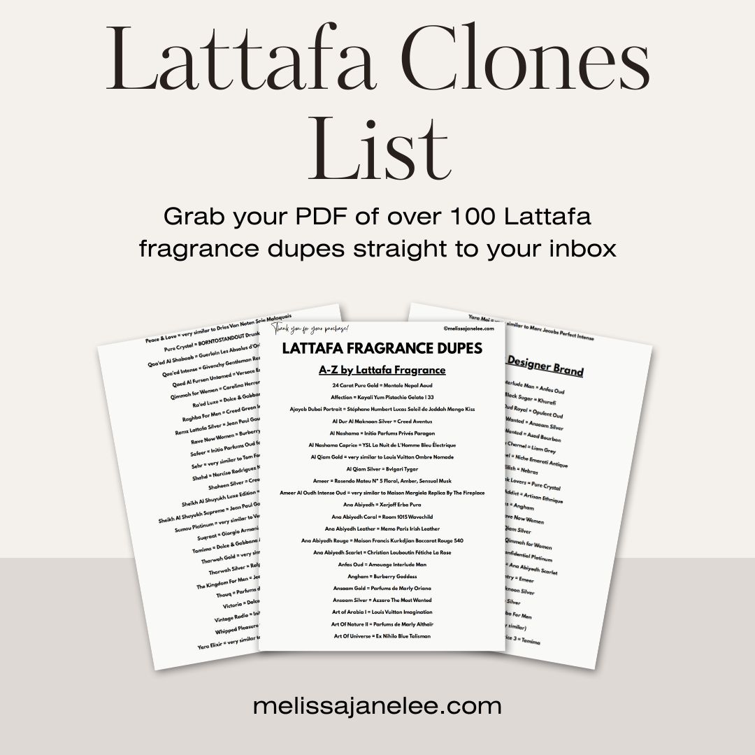 Three overlapping lists of LATTAFA Perfume Dupes appear under "Lattafa Clones List." Text above and below encourages downloading the LATTAFA Perfume Dupes A–Z (2026 Edition) PDF at melissajanelee.com.