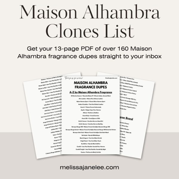 A promotional image for a Maison Alhambra Clones List, offering a 13-page PDF of over 160 Maison Alhambra fragrance dupes. Three sample pages are displayed, and the website melissajanelee.com is shown at the bottom.