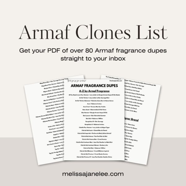 Image showing three overlapping pages titled ARMAF FRAGRANCE DUPES A-Z by Armaf Fragrance. Above, text reads: Armaf Clones List. Get your PDF of over 80 Armaf fragrance dupes straight to your inbox. Website: melissajanelee.com.