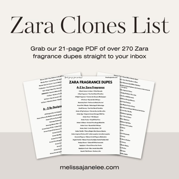 Three pages of a Zara Clones List PDF are shown, advertising a list of over 270 Zara fragrance dupes available via email. The website melissajanelee.com is displayed at the bottom.