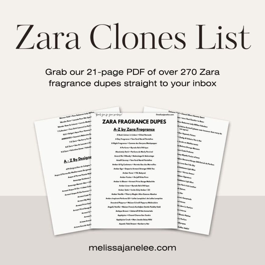Three pages of a Zara Clones List PDF are shown, advertising a list of over 270 Zara fragrance dupes available via email. The website melissajanelee.com is displayed at the bottom.