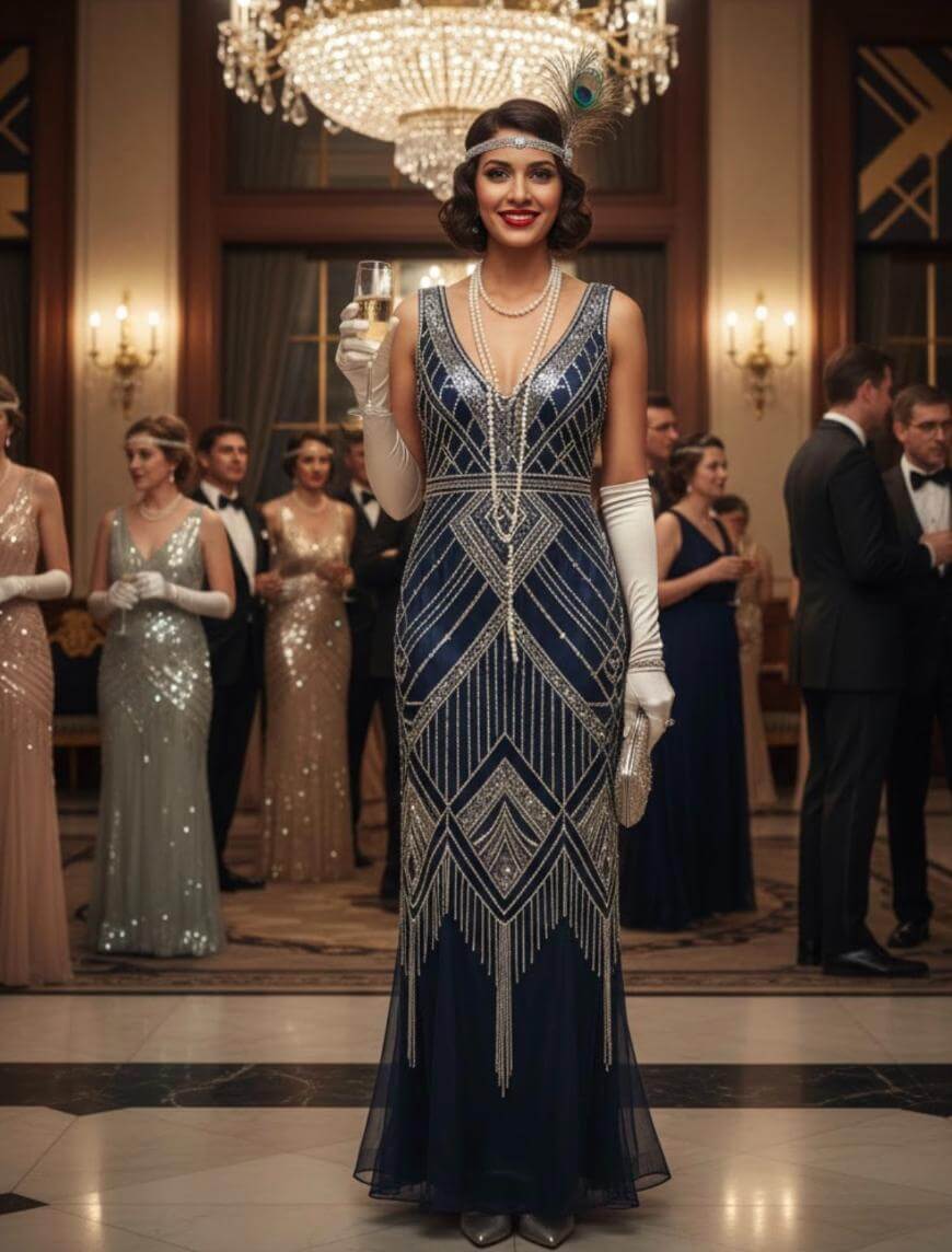 A woman in a 1920s-inspired beaded navy gown, long gloves, and a feathered headband holds a glass of champagne at an elegant party with chandeliers and guests in formal attire in the background.