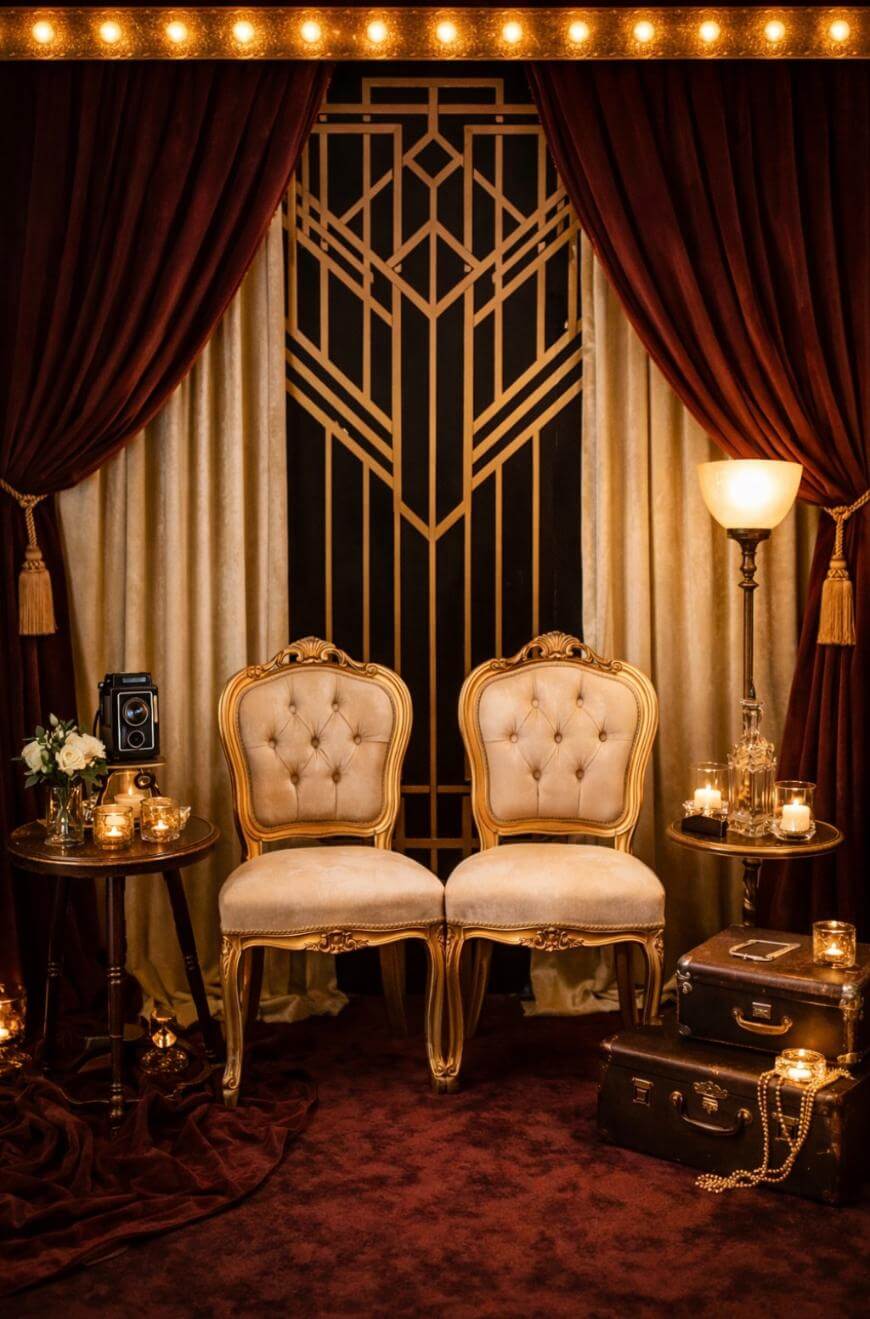 Two elegant vintage chairs sit side by side in front of art deco-style gold and black panels, surrounded by velvet curtains, a floor lamp, candles, old suitcases, a camera, flowers, and string lights.