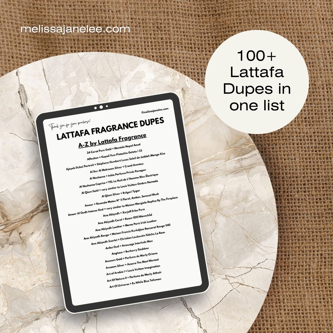 A tablet on a marble surface shows "LATTAFA Perfume Dupes A–Z (2026 Edition) PDF" and a bubble saying, "100+ Lattafa Dupes in one PDF list." The URL melissajanelee.com is at the top left.