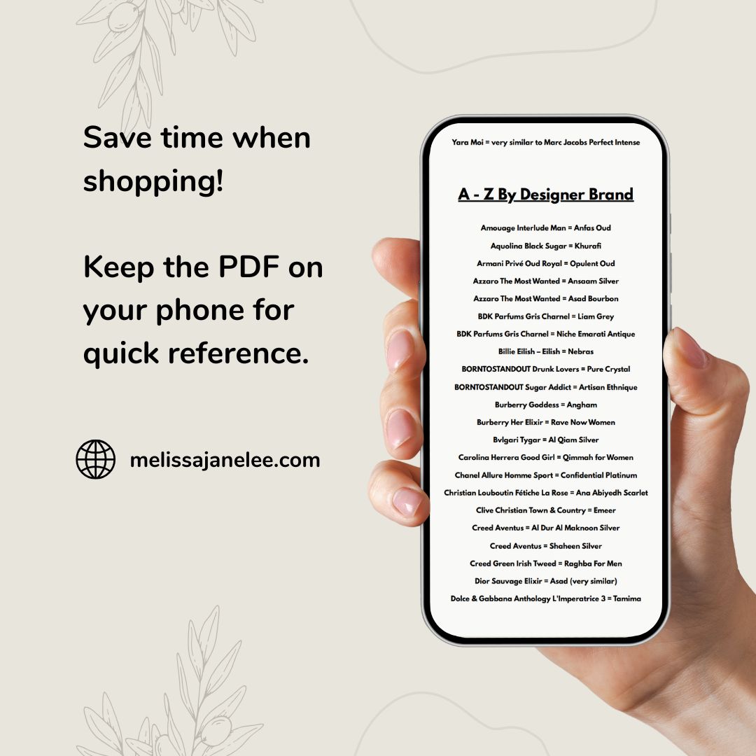 A hand holds a smartphone showing the LATTAFA Perfume Dupes A–Z (2026 Edition) PDF, listing fragrance dupes by designer brand. Text: “Save time shopping! Keep this PDF on your phone for quick reference.” Visit melissajanelee.com.