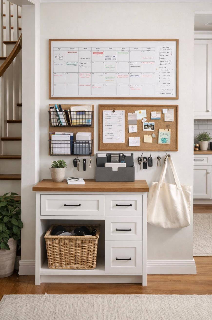 A white entryway organizer with a wooden top holds a basket, mail sorter, and plant. Above it are a calendar whiteboard and a corkboard with notes, keys, and a canvas tote bag hanging on hooks.