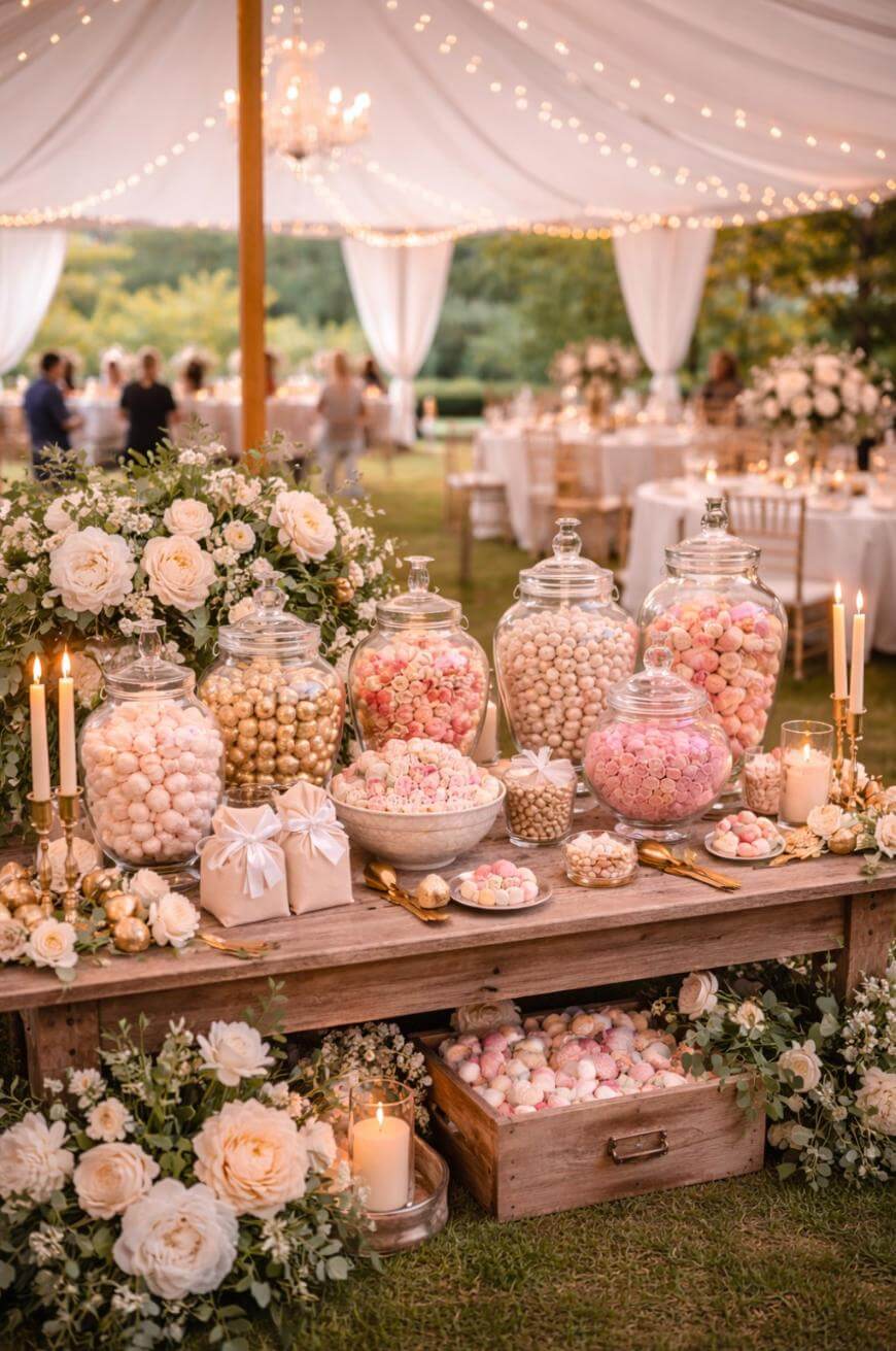 A decorated outdoor wedding reception features a rustic candy table with jars of pastel sweets, candles, white and blush flowers, and draped white canopy with string lights, surrounded by elegantly set tables.