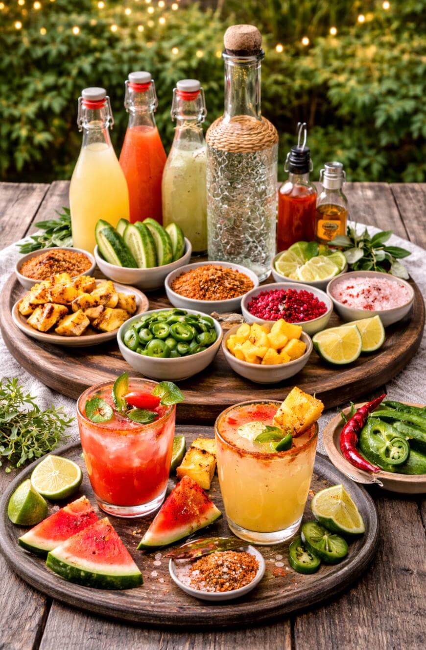 A colorful spread of fresh fruit, spice blends, lime wedges, sliced jalapeños, grilled pineapple, and assorted bottled drinks surrounds two vibrant cocktails garnished with watermelon and lime on a rustic wooden table outdoors.
