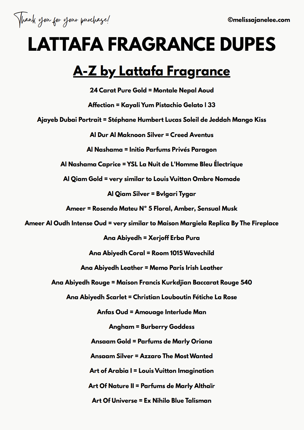 LATTAFA Perfume Dupes A–Z (2026 Edition) PDF shows black text dupe pairings for Lattafa and designer perfumes on a white background, with @melissajanelee in the top right corner.