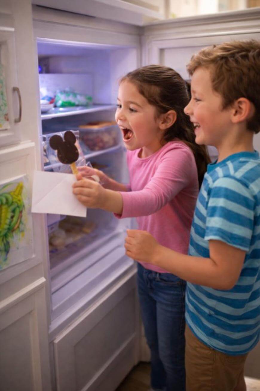 Two smiling children stand in front of an open freezer. The girl excitedly holds a Mickey Mouse-shaped ice cream bar, while the boy beside her laughs. The freezer is filled with various frozen foods.