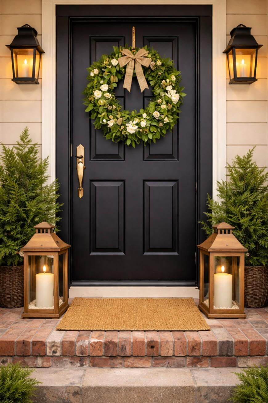 A black front door decorated with a wreath of green leaves and white flowers, flanked by two lit lanterns with candles, two potted evergreen plants, and a doormat on a brick porch.