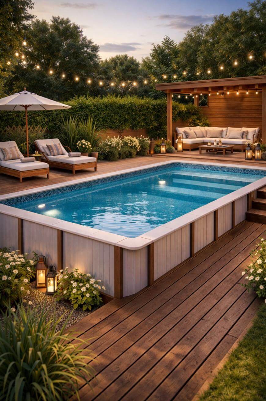 A backyard with a rectangular above-ground pool, wooden deck, lounge chairs, umbrella, string lights, pergola with seating area, and lush greenery, creating a cozy, inviting atmosphere at dusk.