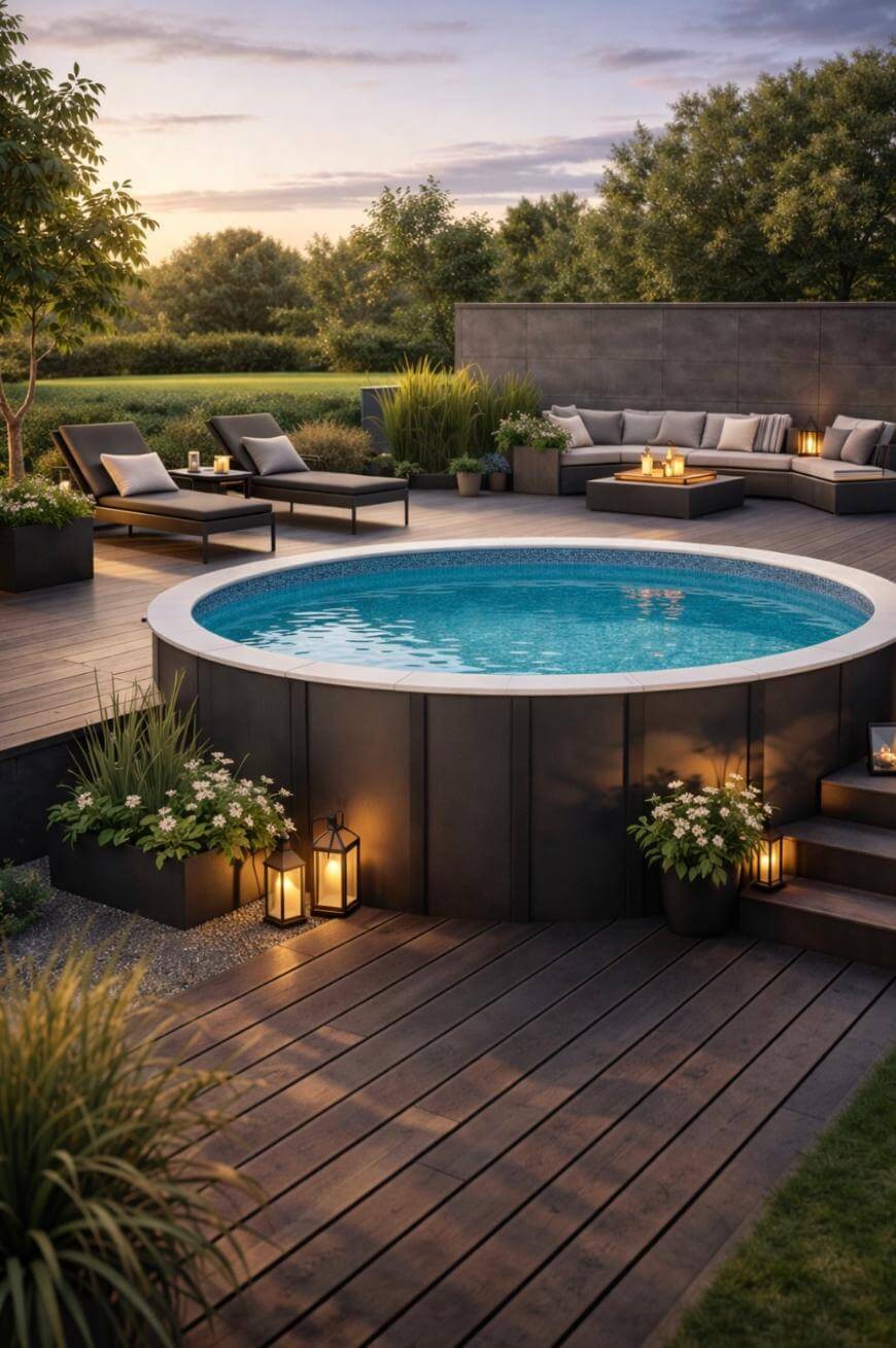 A modern backyard features a round above-ground pool, wooden deck, lounge chairs, an outdoor sofa, potted plants, lanterns, and soft evening lighting, creating a cozy, relaxing atmosphere.