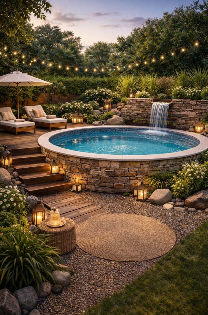 A cozy backyard features a round pool with a stone waterfall, surrounded by plants, lanterns, and string lights. Wooden lounge chairs with umbrellas sit nearby, creating a relaxing outdoor oasis at sunset.