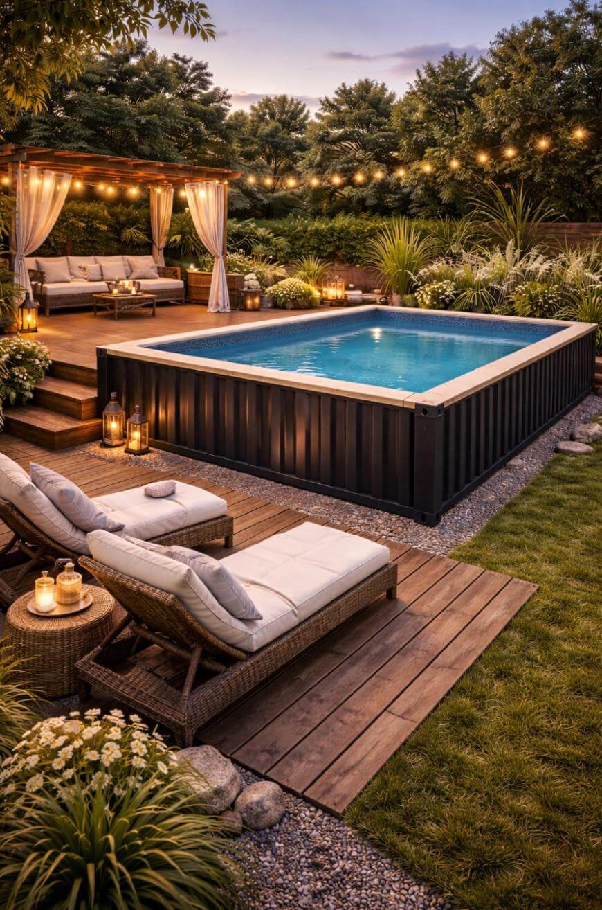 A cozy backyard features a small above-ground pool with lanterns, two cushioned lounge chairs, a wooden deck with a sofa under a pergola, and string lights, surrounded by lush greenery and flowers at sunset.