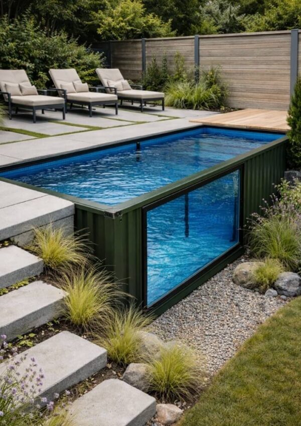 A modern backyard features a small, rectangular pool with a clear side panel, surrounded by greenery, lounge chairs on a patio, and stone steps leading to the pool area.