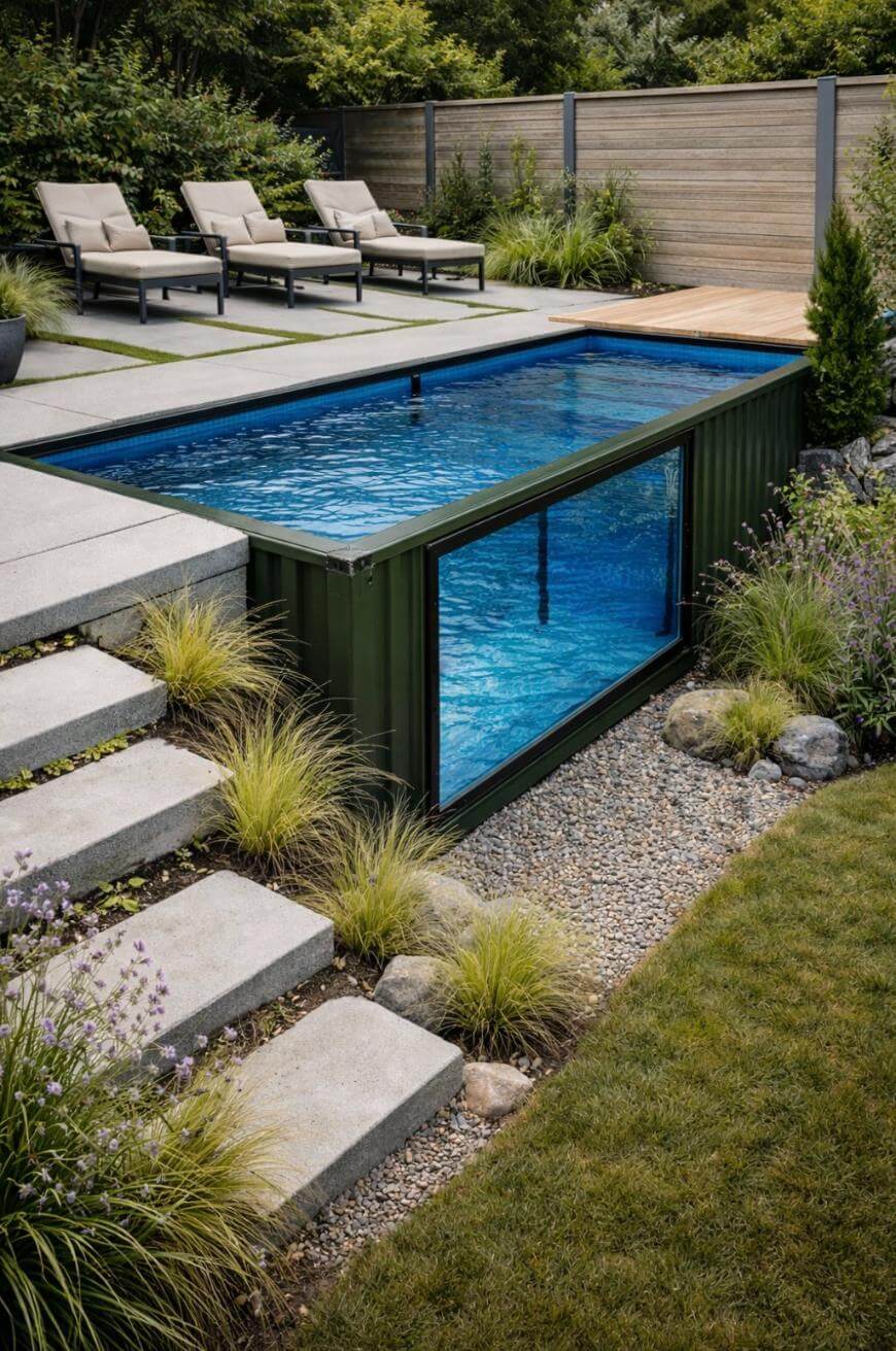 A modern backyard features a small rectangular pool with a glass side wall, surrounded by greenery, stone steps, gravel, lounge chairs, and a wooden privacy fence.